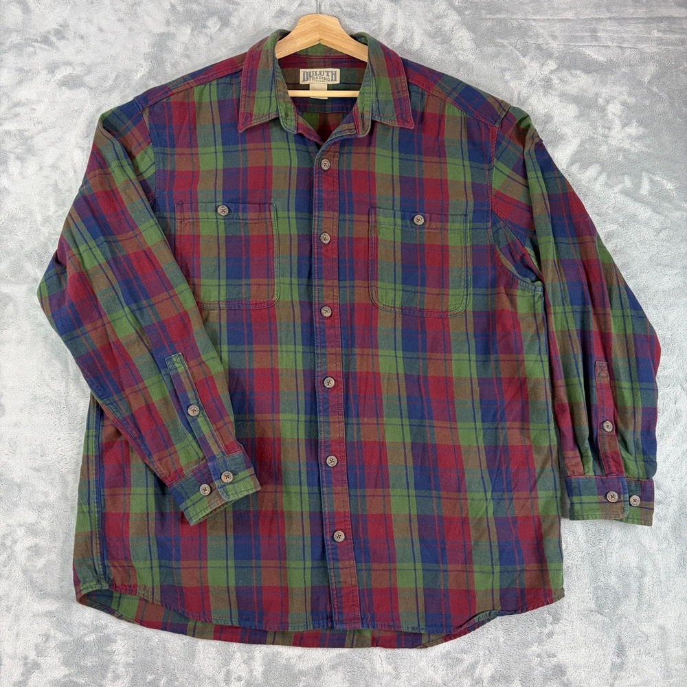 Duluth Trading Shirt Mens Size XL Multi Green Plaid Flapjack Flannel Heavyweight